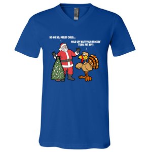 Thanksgiving Turkey And Santa Claus Christmas Too Early Gift V-Neck T-Shirt