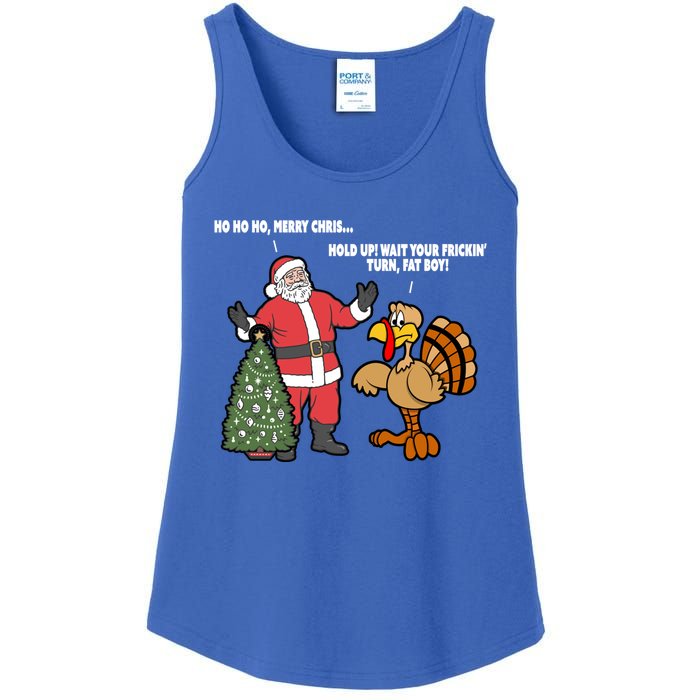 Thanksgiving Turkey And Santa Claus Christmas Too Early Gift Ladies Essential Tank