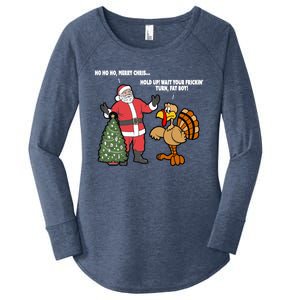 Thanksgiving Turkey And Santa Claus Christmas Too Early Gift Women's Perfect Tri Tunic Long Sleeve Shirt