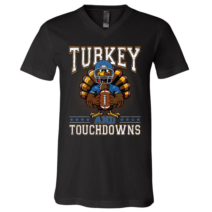 Thanksgiving Turkey And Touchdowns Football V-Neck T-Shirt