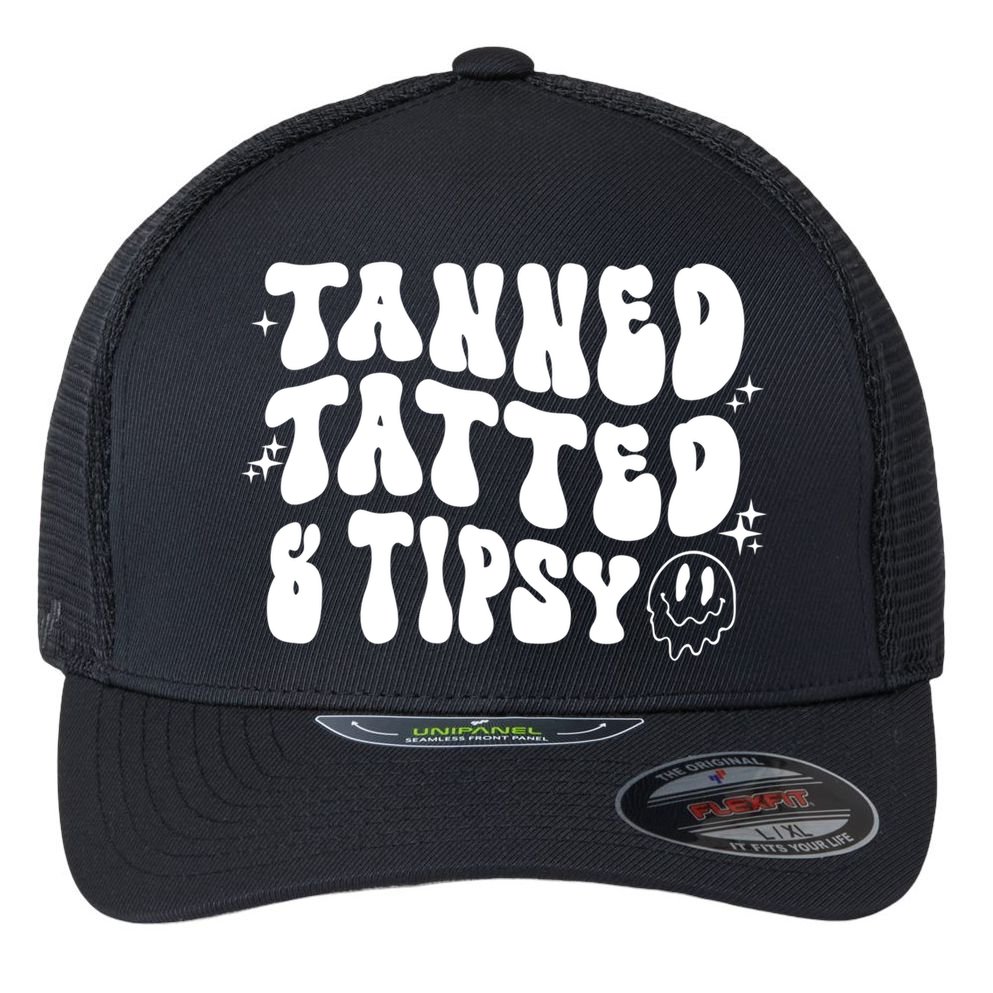 Tanned Tatted And Tipsy Trendy Beach Summer Vacation Great Gift Flexfit Unipanel Trucker Cap