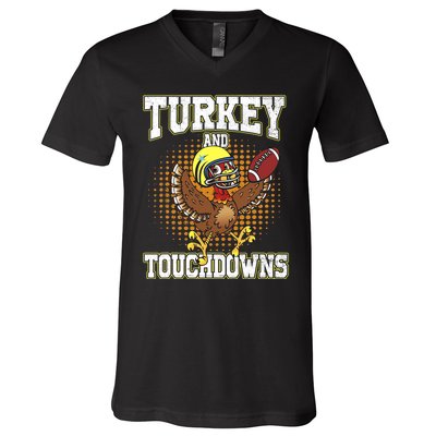 Thanksgiving Turkey And Touchdowns Football Lover Autumn V-Neck T-Shirt