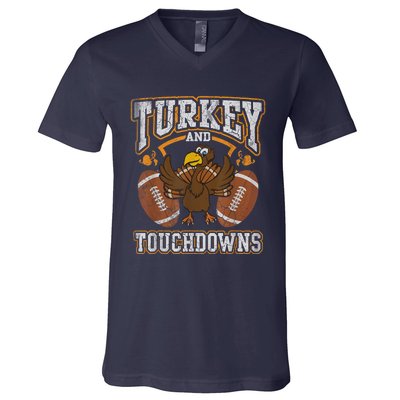 Thanksgiving Turkey And Touchdowns Football V-Neck T-Shirt