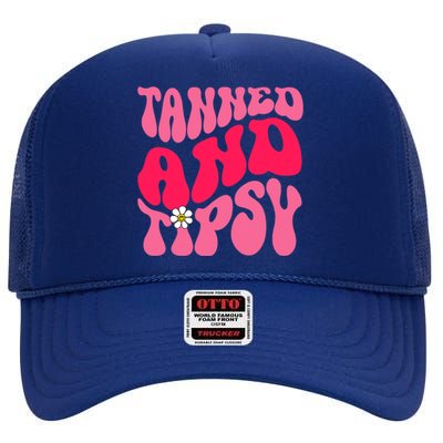 Tanned Tatted and Tipsy Summer Vibes Floral Groovy Hippie High Crown Mesh Back Trucker Hat