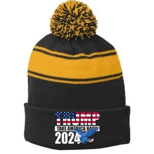 Trump Take America Back 2024 Eagle Stripe Pom Pom Beanie