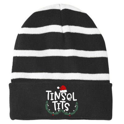 Tinsel Tits And Jingle Balls Funny Matching Christmas Couple Striped Beanie with Solid Band