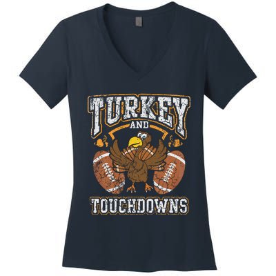 Thanksgiving Turkey And Touchdowns Football Women's V-Neck T-Shirt