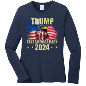 Trump Take America Back 2024 Eagle Usa Flag Ladies Long Sleeve Shirt