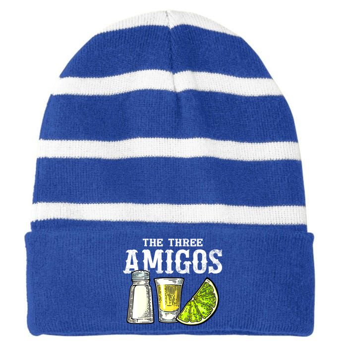 The Three Amigos Lime Salt Tequila Funny Cinco De Mayo Gifts Striped Beanie with Solid Band