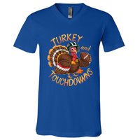 Thanksgiving Turkey And Touchdowns Football Funny Game Day Cool Gift V-Neck T-Shirt