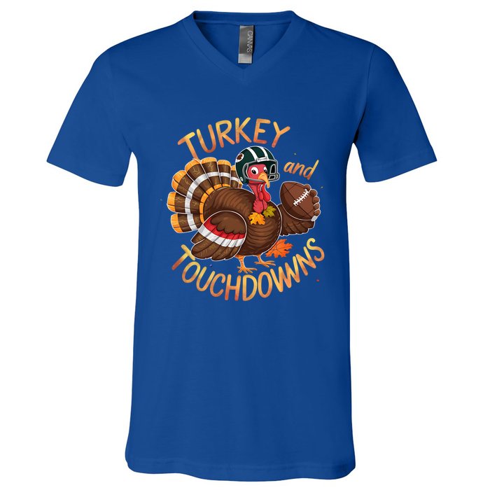 Thanksgiving Turkey And Touchdowns Football Funny Game Day Cool Gift V-Neck T-Shirt