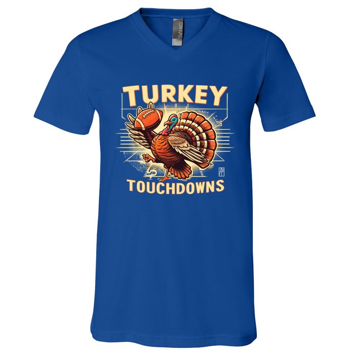 Thanksgiving Turkey And Touchdowns Football Gift V-Neck T-Shirt