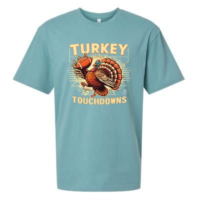 Thanksgiving Turkey And Touchdowns Football Gift Sueded Cloud Jersey T-Shirt