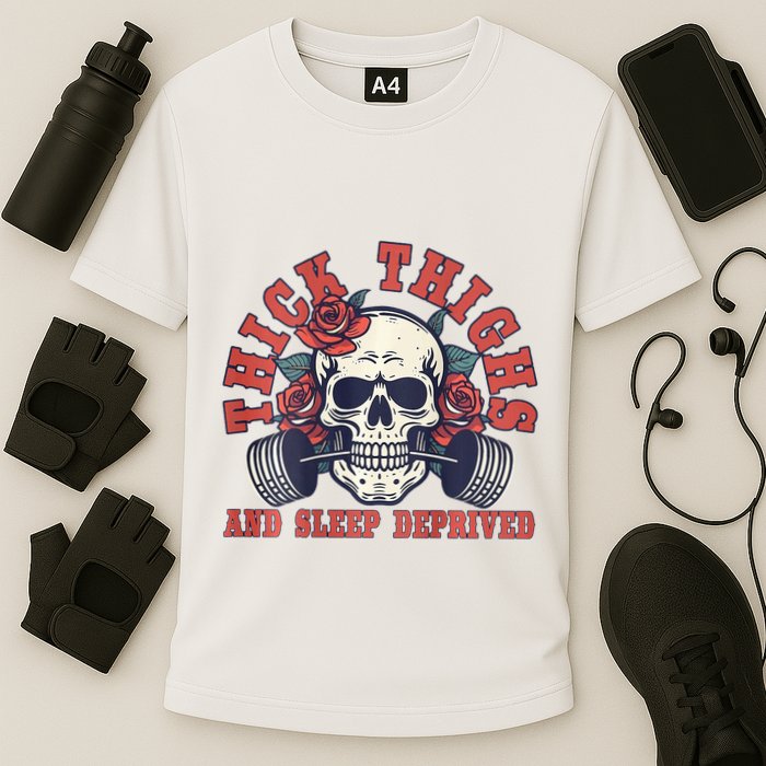 Thick Thighs And Sleep Deprived On Back Cooling Performance Crew T-Shirt