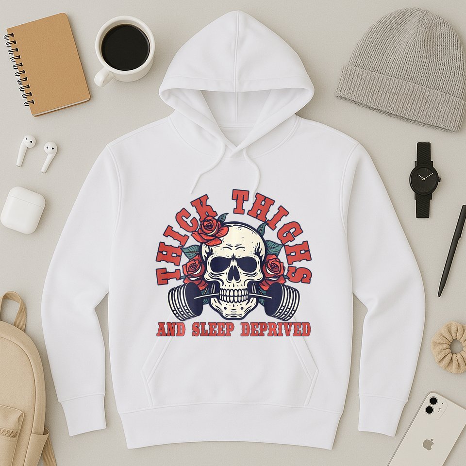 Thick Thighs And Sleep Deprived On Back Hoodie