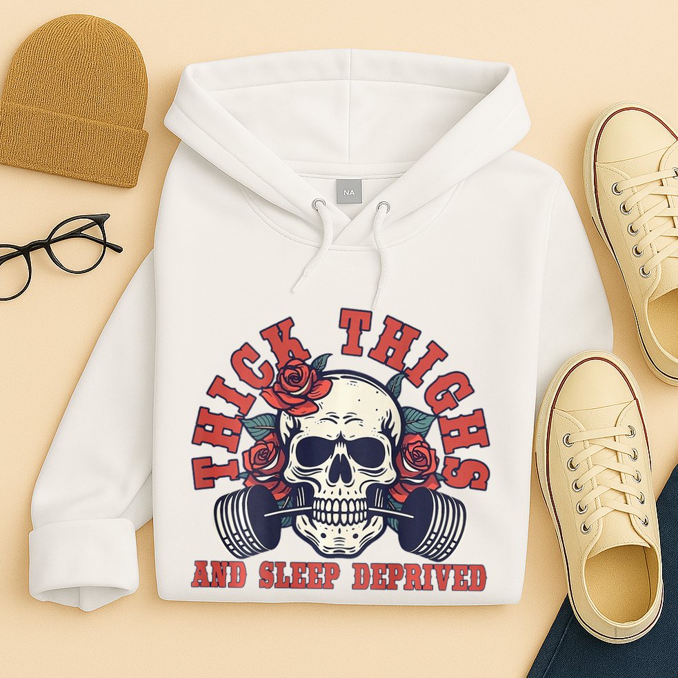 Thick Thighs And Sleep Deprived On Back Hoodie