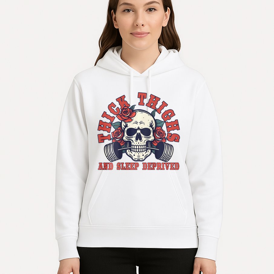 Thick Thighs And Sleep Deprived On Back Hoodie