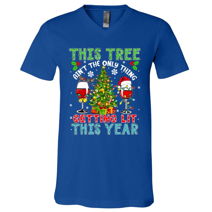 This Tree AinT Only Thing Getting Lit Xmas Two Santa Wines Gift V-Neck T-Shirt