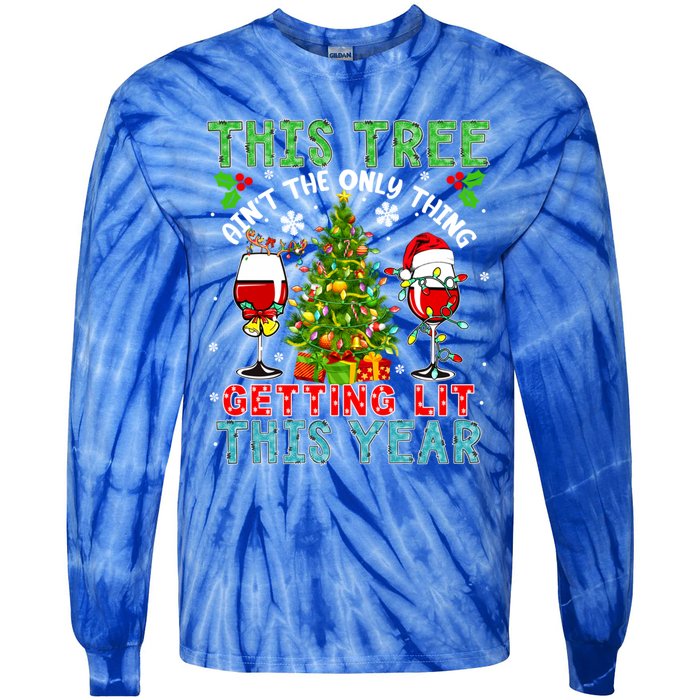 This Tree AinT Only Thing Getting Lit Xmas Two Santa Wines Gift Tie-Dye Long Sleeve Shirt