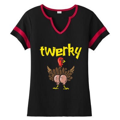 Twerky Turkey Butt Funny Thanksgiving Twerk Dance Pun Gift Ladies Halftime Notch Neck Tee