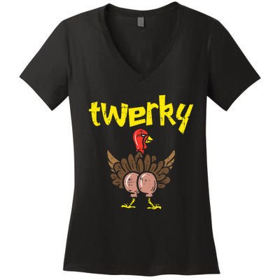 Twerky Turkey Butt Funny Thanksgiving Twerk Dance Pun Gift Women's V-Neck T-Shirt