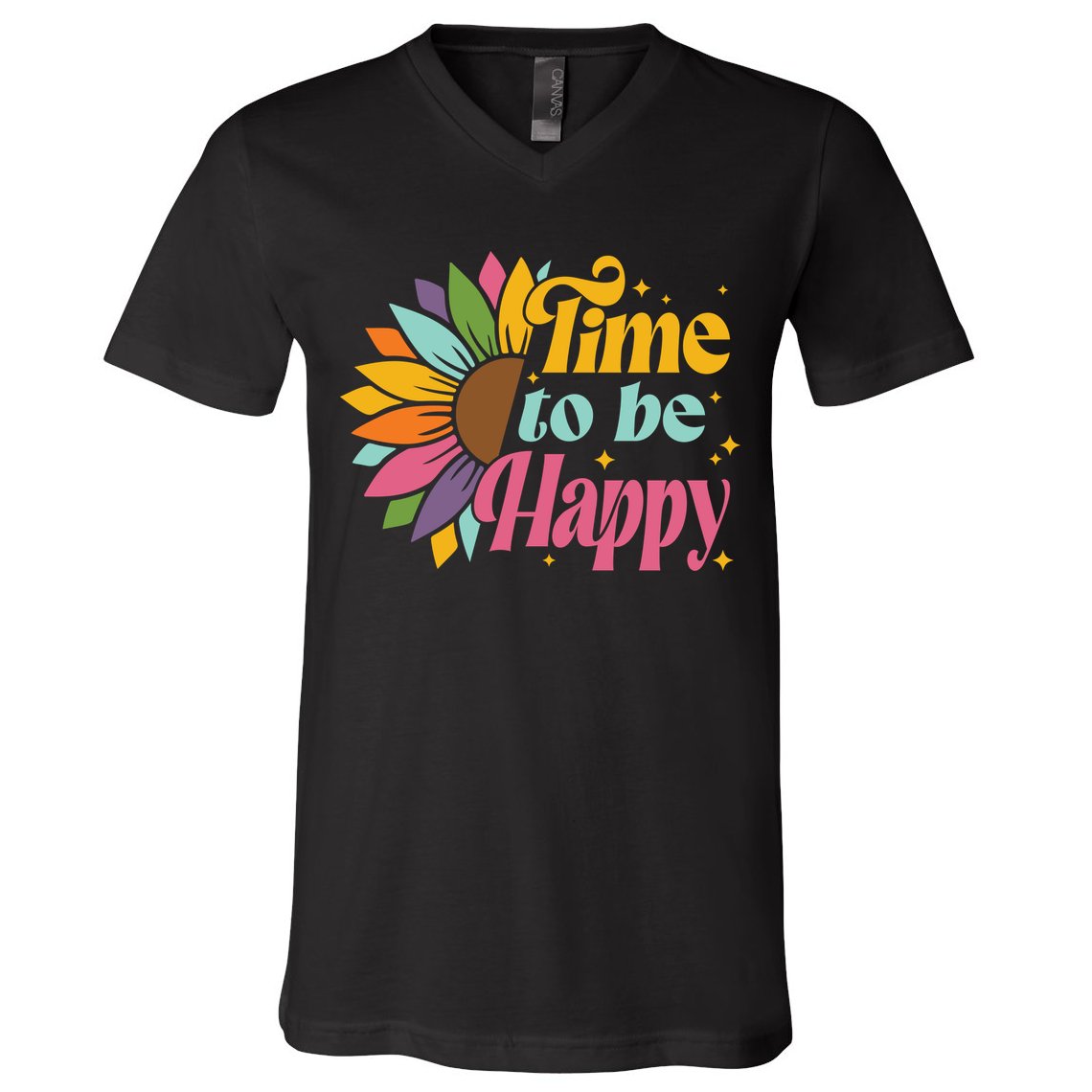 Time To Be Happy Colorful Sunflower V-Neck T-Shirt