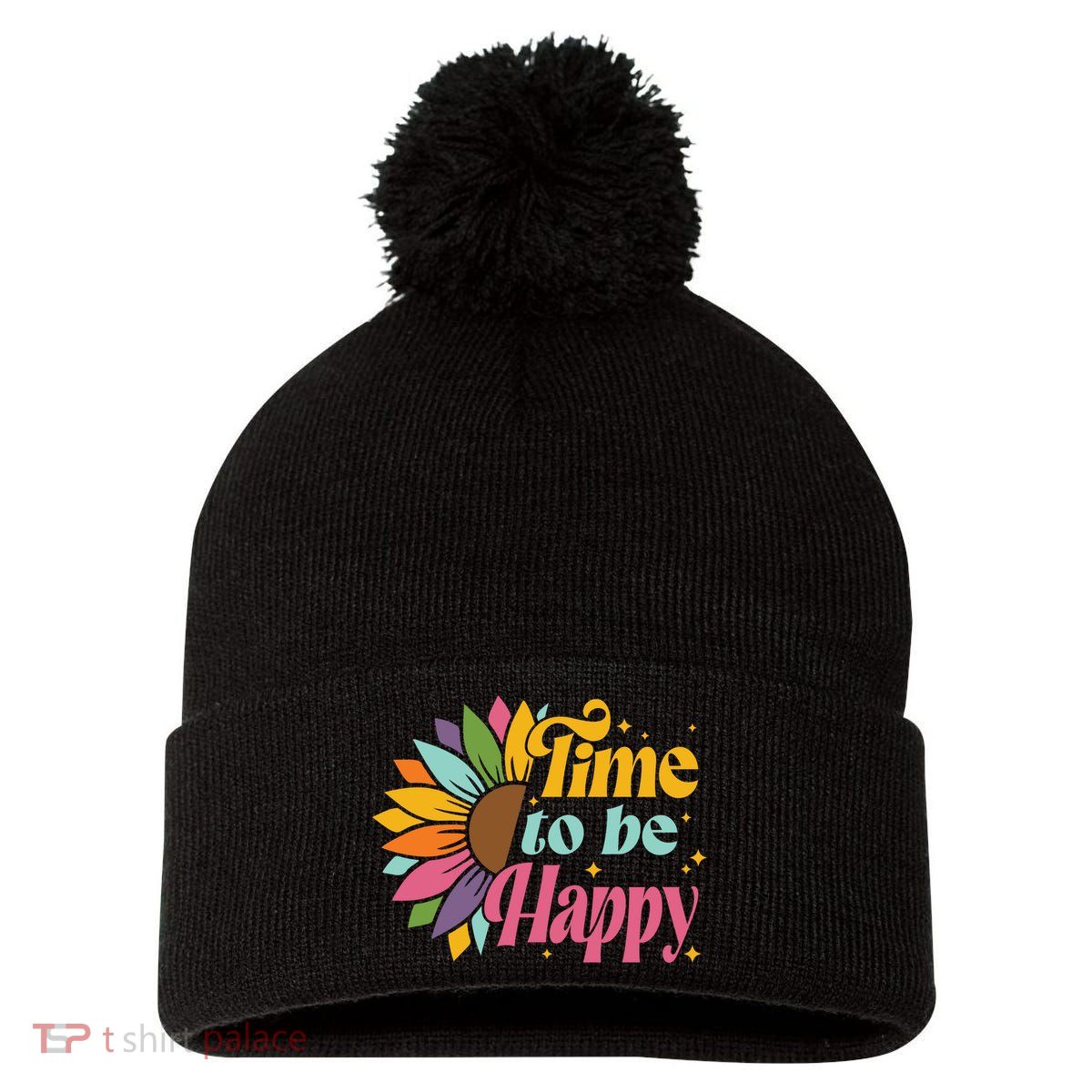 Time To Be Happy Colorful Sunflower Pom Pom 12in Knit Beanie