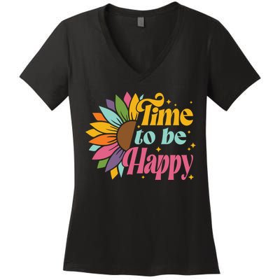 Time To Be Happy Colorful Sunflower Women's V-Neck T-Shirt