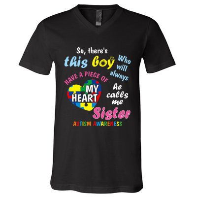 ThereS This Boy He Calls Me Sister Autism Awareness V-Neck T-Shirt