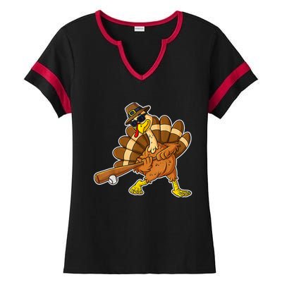 Thanksgiving Turkey Baseball Player Funny Cute Gift Ladies Halftime Notch Neck Tee