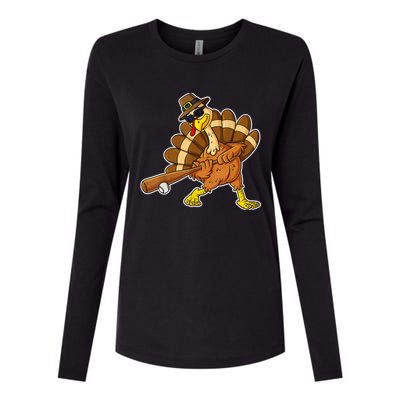 Thanksgiving Turkey Baseball Player Funny Cute Gift Womens Cotton Relaxed Long Sleeve T-Shirt