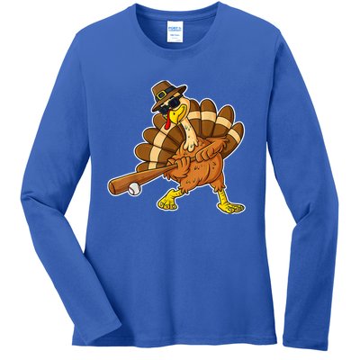 Thanksgiving Turkey Baseball Player Funny Cute Gift Ladies Long Sleeve Shirt