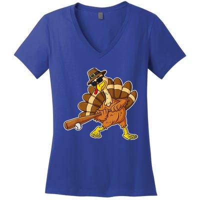 Thanksgiving Turkey Baseball Player Funny Cute Gift Women's V-Neck T-Shirt