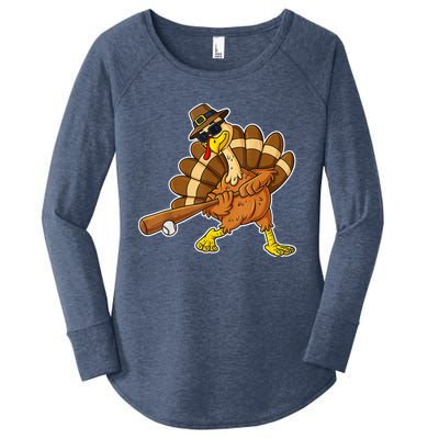 Thanksgiving Turkey Baseball Player Funny Cute Gift Women's Perfect Tri Tunic Long Sleeve Shirt