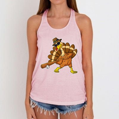 Thanksgiving Turkey Baseball Player Funny Cute Gift Women's Knotted Racerback Tank