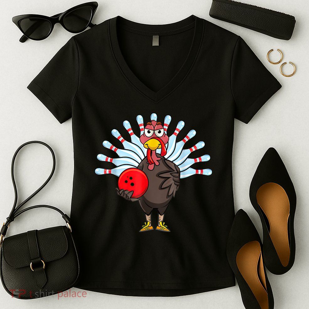 Thanksgiving Turkey Bowling Pin Matching Team Women's V-Neck T-Shirt