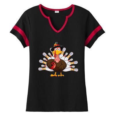 Thanksgiving Turkey Bowling Pin Team Match Ladies Halftime Notch Neck Tee