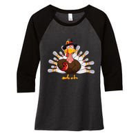 Thanksgiving Turkey Bowling Pin Team Match Women's Tri-Blend 3/4-Sleeve Raglan Shirt