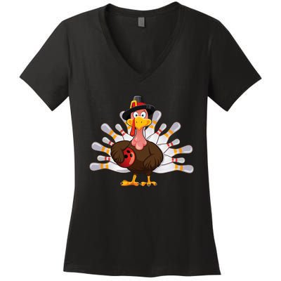 Thanksgiving Turkey Bowling Pin Team Match Women's V-Neck T-Shirt