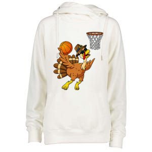 Thanksgiving Turkey Basketball Player Funny Womens Funnel Neck Pullover Hood