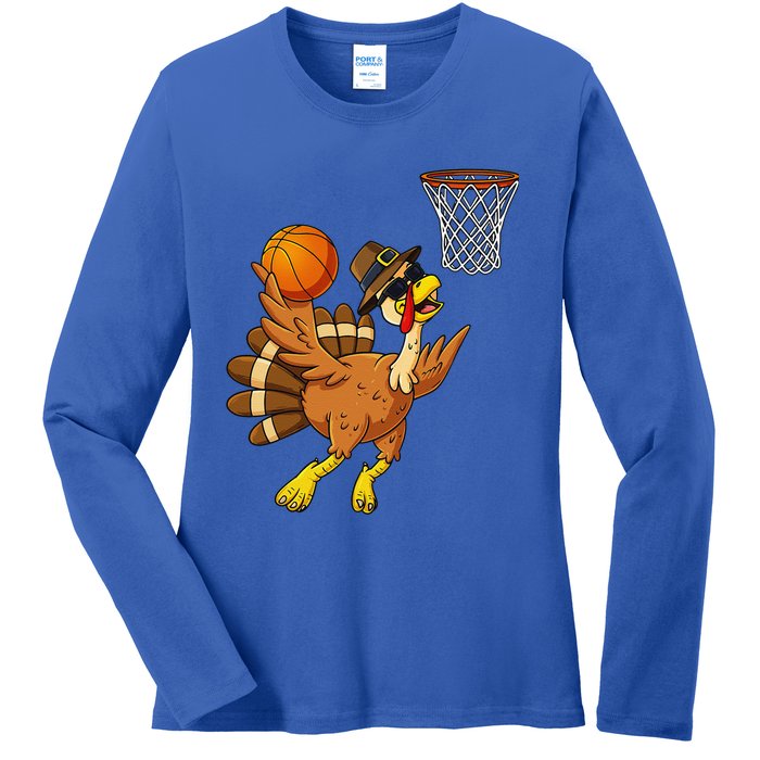 Thanksgiving Turkey Basketball Player Funny Ladies Long Sleeve Shirt