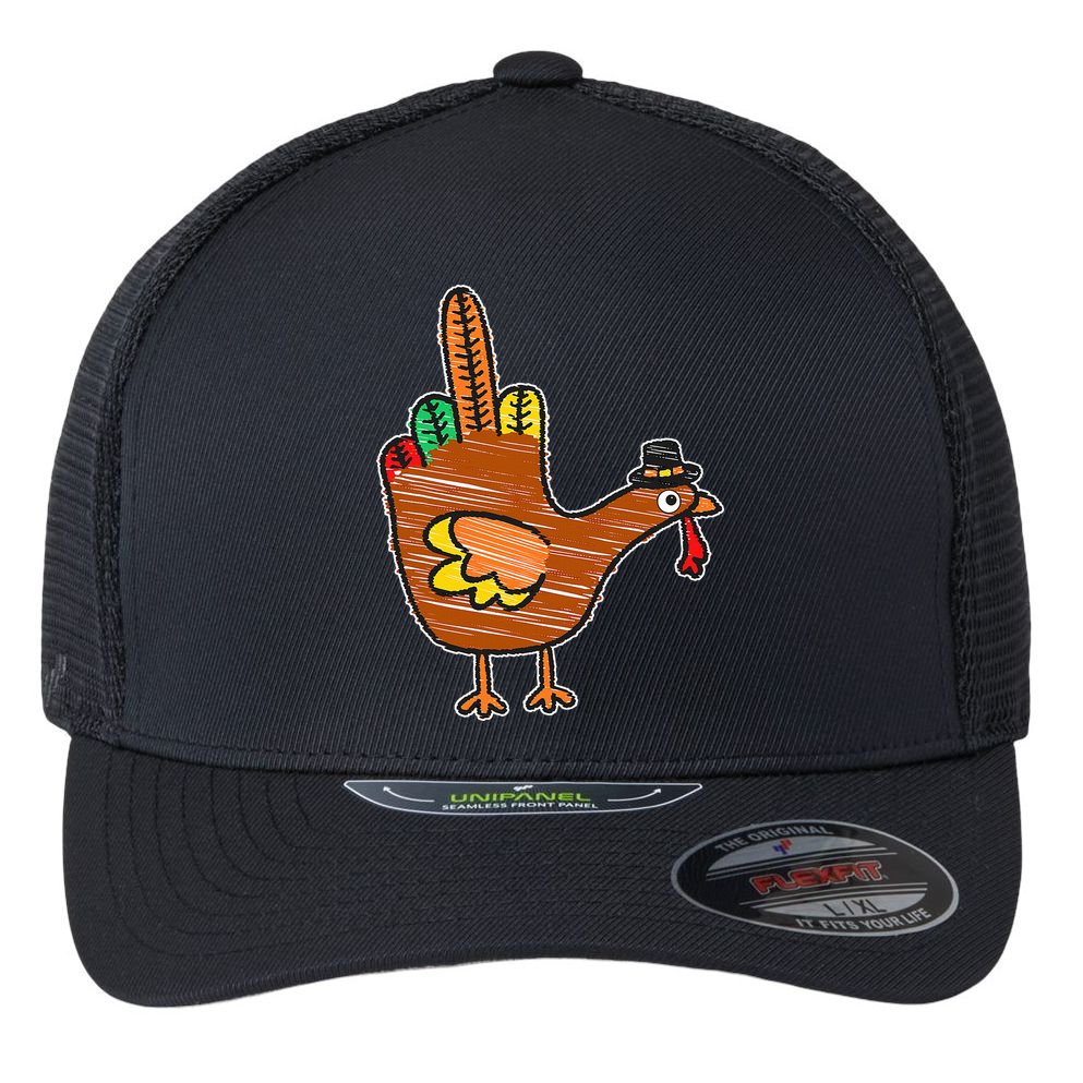 Thanksgiving Turkey Bird Middle Finger Flexfit Unipanel Trucker Cap