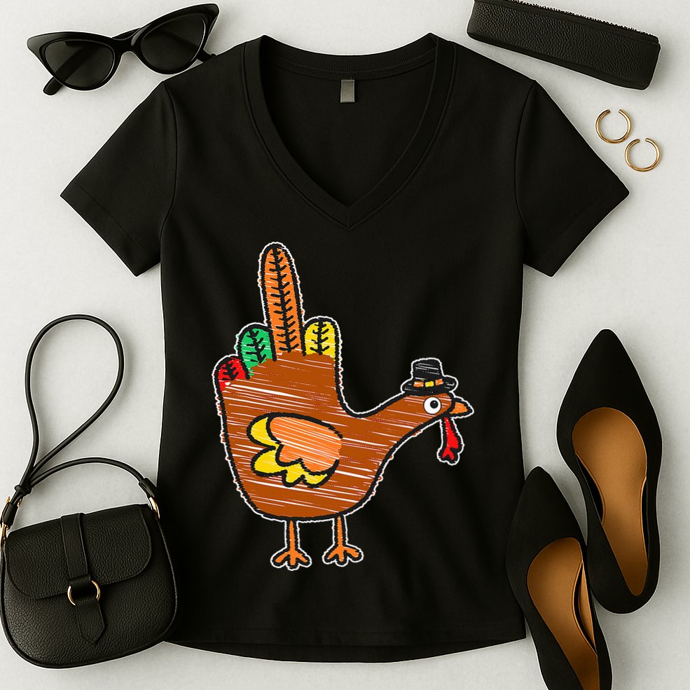 Thanksgiving Turkey Bird Middle Finger Women's V-Neck T-Shirt