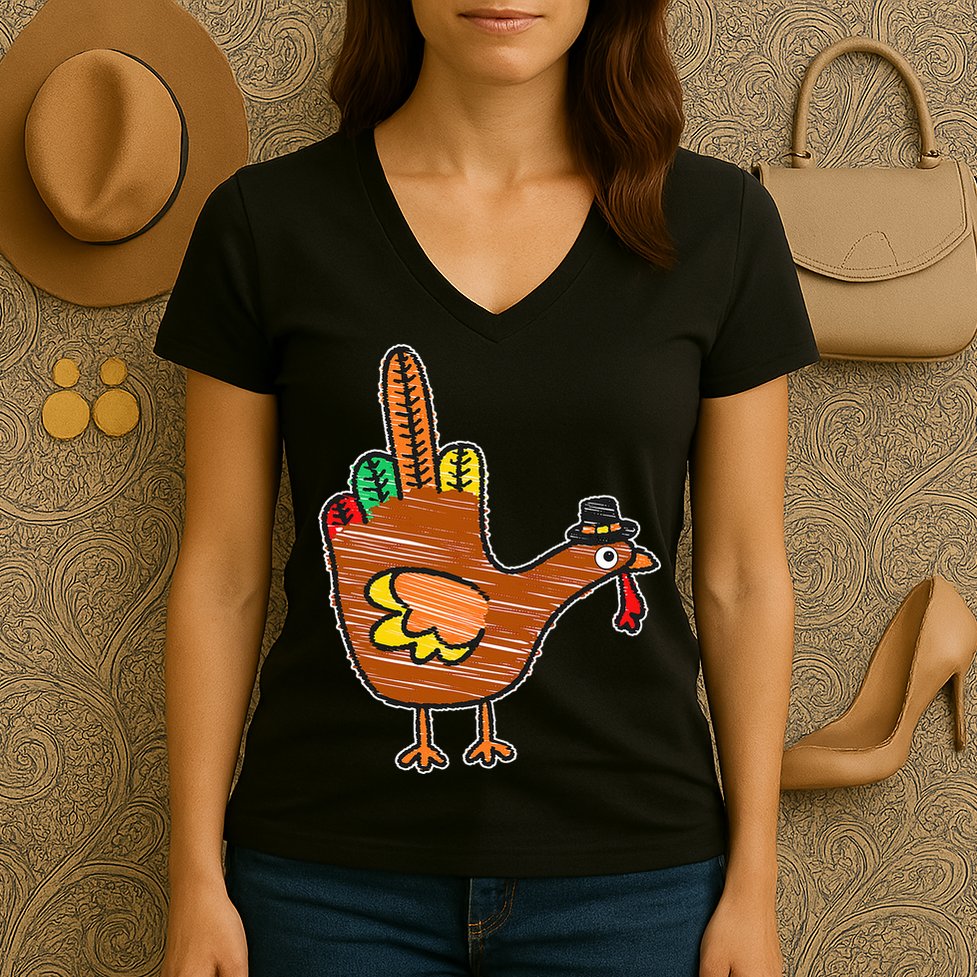 Thanksgiving Turkey Bird Middle Finger Women's V-Neck T-Shirt
