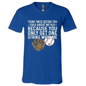 Think Twice Before You Talk About My Baseball Mama Funny Gift V-Neck T-Shirt