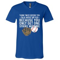 Think Twice Before You Talk About My Baseball Mama Funny Gift V-Neck T-Shirt