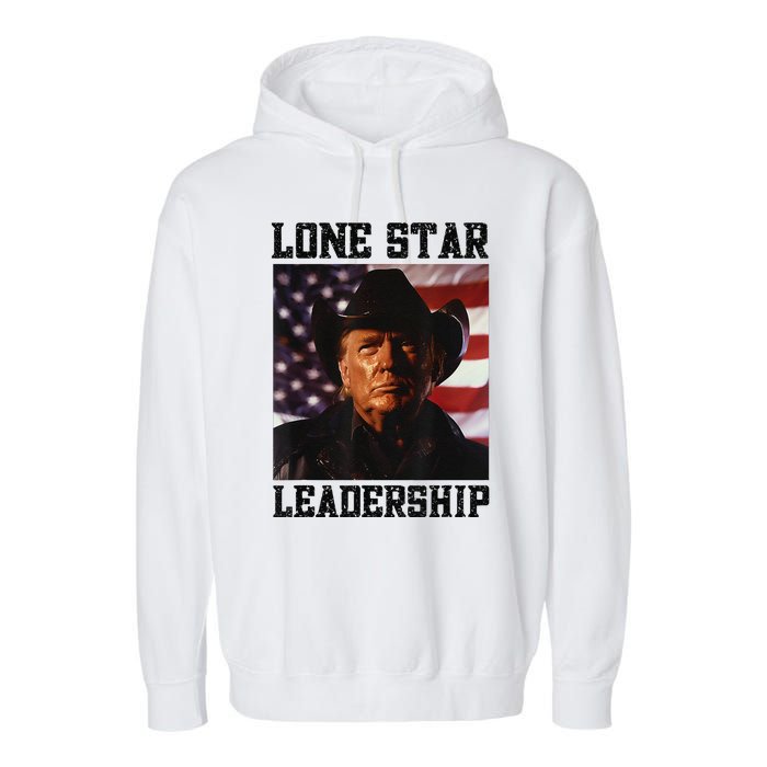 Texan Trump Cow Hat Us Flag Southern Lone Star Leadership Garment-Dyed Fleece Hoodie