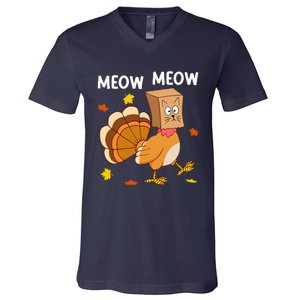 Thanksgiving Turkey Cat Meow Funny Thanksgiving V-Neck T-Shirt