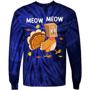 Thanksgiving Turkey Cat Meow Funny Thanksgiving Tie-Dye Long Sleeve Shirt