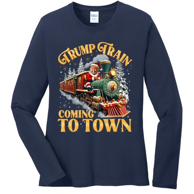 Trump Train Christmas Coming To Town Santa Trump 2024 Xmas Ladies Long Sleeve Shirt